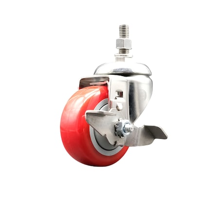 Service Caster 3 Inch 316SS Red Polyurethane Swivel 1/2 Inch Threaded Stem Caster with Brake SCC-SS316TS20S314-PPUBRED-TLB-121315